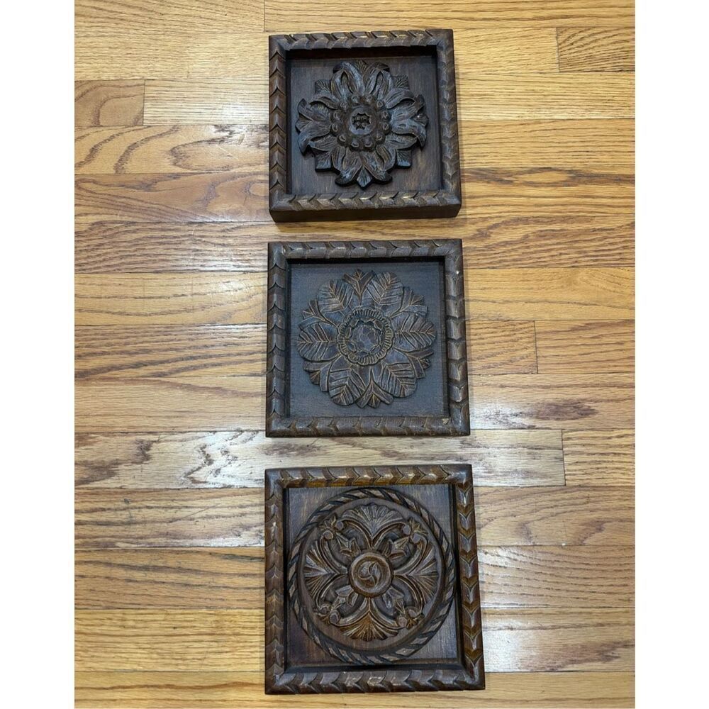 Set of 3 Decorative Floral Wood Plaquie Panel Framed Art Hand Carved.